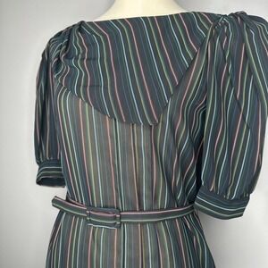 Vintage 80s Charlie Nilson for Eljay Striped Dress Sheer Puff Sleeve‎ Size 9/10